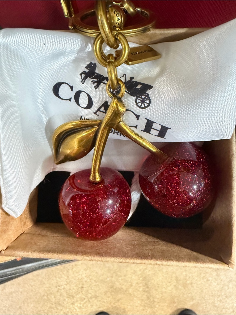 Coach Red Glitter Cherry Bag Charm with Gold-Tone Stem